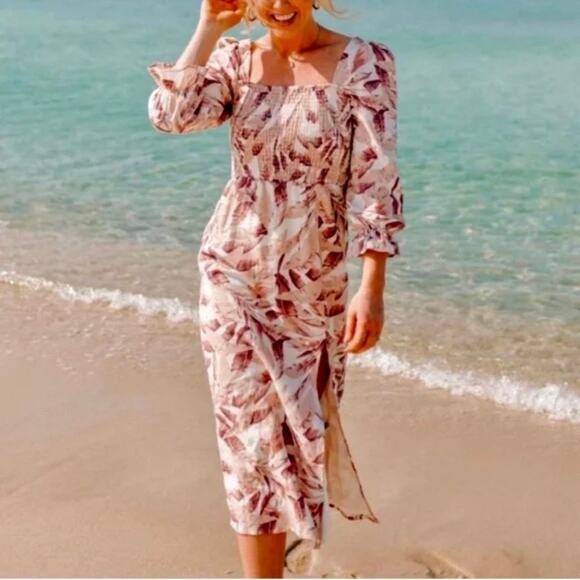 NWT House of Harlow 1960 Palm Leaf Linen Smocked Midi Dress L Cottagecore Boho - Picture 1 of 16